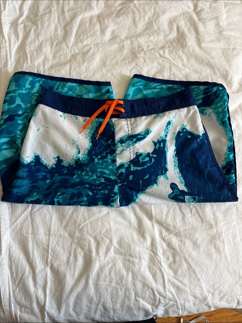 Gymboree Blue and Teal Wave-Print Swim Shorts with Orange Drawstring
